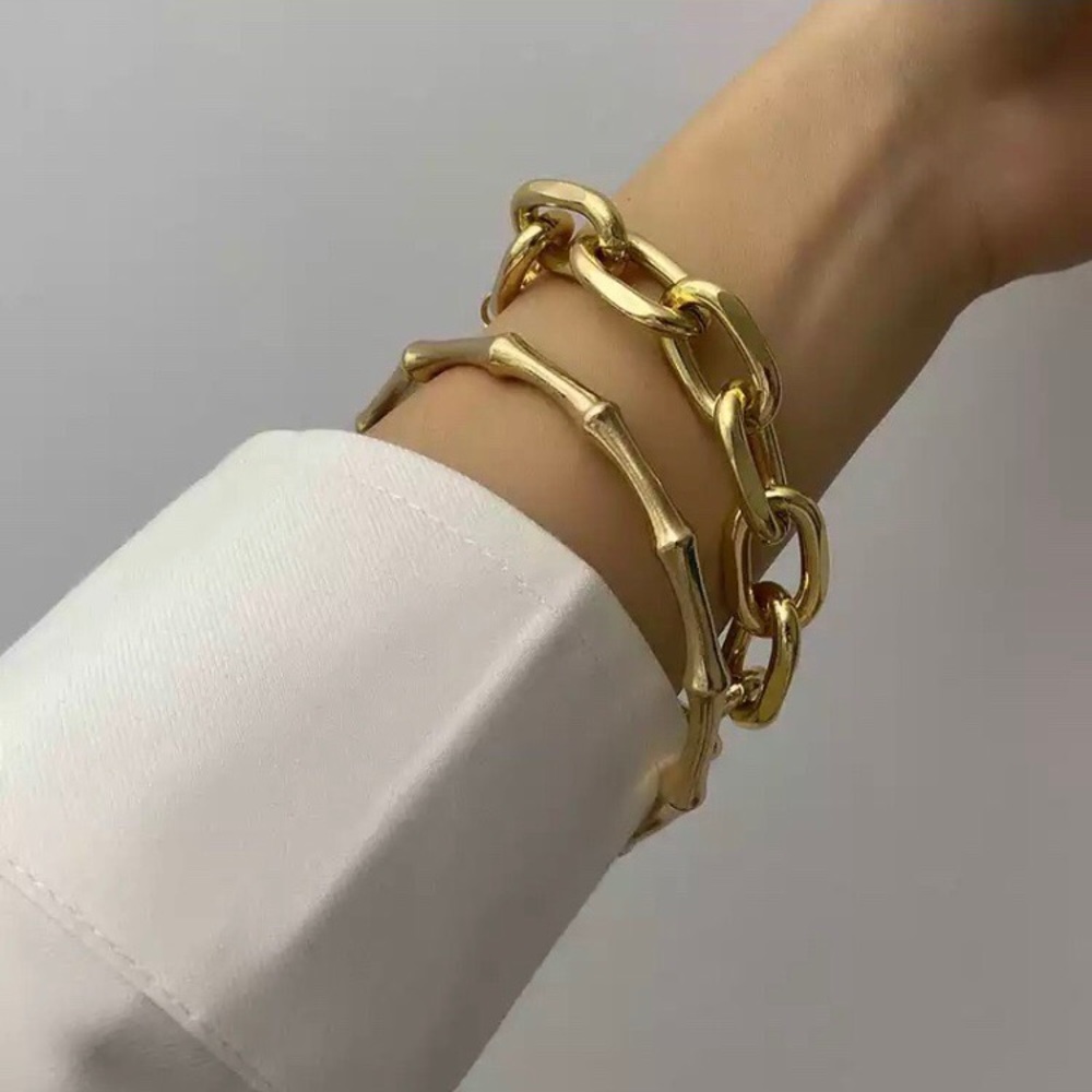 NEW 2/Pcs Set Gold Chain Punk Bangle Bracelet - Picture 6 of 7